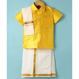 Dapper Dudes Half Sleeves Textured Shirt & Solid Mundu Lungi With Angavastram Set - Yellow-picture-37