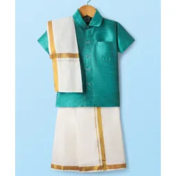 Dapper Dudes Half Sleeves Textured Shirt With Mundu & Geometric Foil Printed Angavastram Set - Bottle Green-picture-22