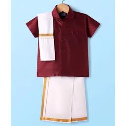 Dapper Dudes Half Sleeves Textured Shirt With Mundu Lungi & Geometric Foil Printed Angavastram Set - Brown-picture-29