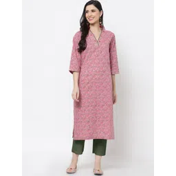 DART STUDIO Floral Printed V-Neck Block Print Sequinned Pure Cotton Kurta-picture-23