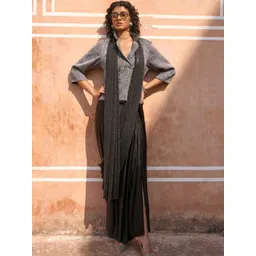 Dash and Dot Pleated Metallic Blazer Top & Black Sari Drape Skirt-picture-28