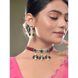 DASTOOR Gold-Plated Kundan Studded Necklace & Earrings Jewellery Set-picture-12