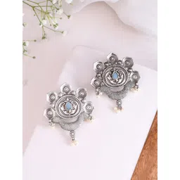 DASTOOR Gold Plated Stone Studded & Beaded Contemporary Oxidised Stud Earrings-picture-13