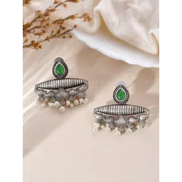 DASTOOR Silver-Plated Contemporary Stone Studded Oxidised Drop Earrings-picture-38