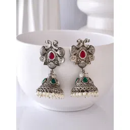 DASTOOR Silver-Plated Dome Shaped Stone Studded & Beaded Jhumkas-picture-29