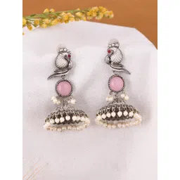 DASTOOR Silver-Plated Stone-Studded & Beaded Silver Diamond Shaped Oxidised Jhumkas-picture-31