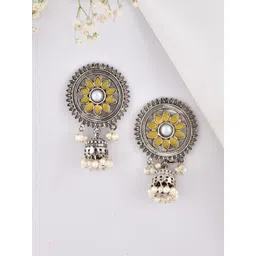 DASTOOR Silver-Plated Stone-Studded & Beaded Silver Diamond Shaped Oxidised Jhumkas-picture-23