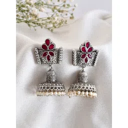 DASTOOR Silver-Plated Stone Studded Beaded Jhumkas-picture-16