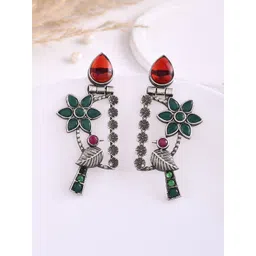 DASTOOR Silver-Plated Stone-Studded Silver Oxidised Drop Earrings-picture-25