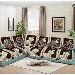 Dazzling DECOR L Shape Velvet Sofa Cover Set - Printed Sofa Back Slip Covers Panels 3 and 2 and 1 Seater Cover for Long Sofa Couch - Premium Slip Cover Protector with Cushion Covers, Brown_2923-picture-29