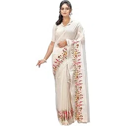 db desh bidesh Women Handloom Soft Cotton Silk Saree Embroidery Silk Cotton Sarees Fancy Plain Saree with Border Flower Garden Design Saree with Blouse Piece (white saree)-picture-51
