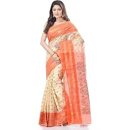 db desh bidesh Women`s Bengali Tant Saree Pure cotton Saree Soft Handloom Cotton Sarees Jamdani Print Pure Cotton Saree For Women Designer sarees Without Blouse Piece (Orange)-picture-28