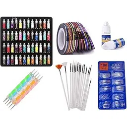 D.B.Z. 48 Pcs Glass Bottles Sparkling Powder Dust Multicolor Glitter Stones, 100 Transparent Nails,5 Nail Tapes, 15 Nail Art brush, 5 Two way Nail Dotting Pen with 2 Glue (Nail Art Kit)-picture-23