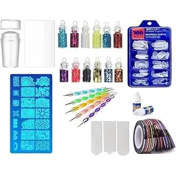 D.B.Z. ® Nail Art Kit 12 Glass Bottles Glitters (Assorted) 1 Clear Jelly Stamper with Scraper 1 Pc Stamp Plates 5 Dotting Pens 100 Fake Nails 5 Nail Tapes 1 Nail Tipping Guide with 2 Glue-picture-12
