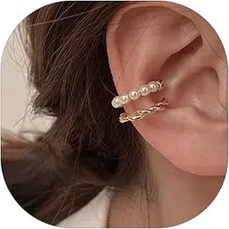 dcfywl731 Pearl Ear Cuff Hoop Earrings for Women Gold Vintage Layered Ear Cuff Non Piercing Pearl Earrings for Teen Girls Cartilage Hoop Clip on Earrings Minimalist Jewelry Gifts-picture-25