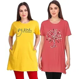 ddaspration Women's Cotton Printed | Round Neck | Loose Fit | Half Sleeve | Long T-Shirt (Pack of 2 Tshirts)-picture-49
