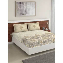 DDecor Beige & Grey Ethnic Motifs 180 TC Cotton 1 King Bedsheet with 2 Pillow Covers-picture-26