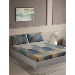 DDecor Blue & Mustard Geometric Cotton 144 TC King Bedsheet With 2 Pillow Covers-picture-30