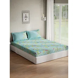 DDecor Blue & Yellow Floral 140 TC Cotton Queen Bedsheet With 2 Pillow Covers-image-39