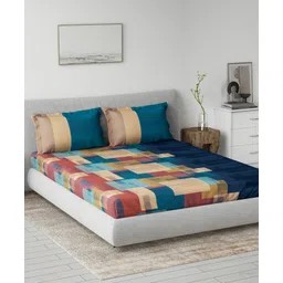 d'decor DDecor Blue Peach Geometric Cotton 144 TC Queen Bedsheet with 2 Pillow Covers-picture-35