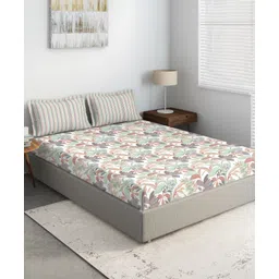 d'decor DDecor White & Green Floral Printed 136 TC Cotton King Fitted Bedsheet With 2 Pillow Covers-picture-33