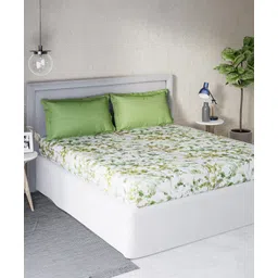 d'decor DDecor White Green Floral 140 TC Cotton Queen Bedsheet with 2 Pillow Covers-picture-28