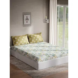 DDecor White & Green Floral 140 TC Cotton Queen Bedsheet with 2 Pillow Covers-picture-27