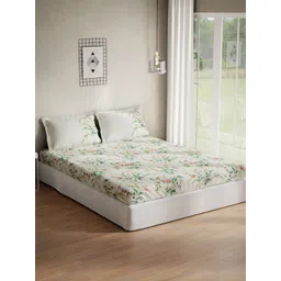 DDecor White & Green Floral 140 TC Cotton Queen Bedsheet with 2 Pillow Covers-picture-29