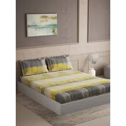 DDecor Yellow & Grey 144 TC King Bedsheet with 2 Pillow Covers-picture-29