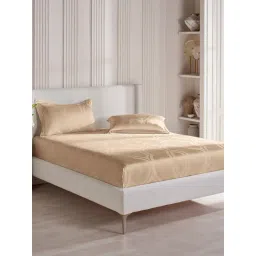 DDECOR Live beautiful Beige Cotton Ethnic 300 TC Double Flat Bedsheet with 2 Pillow Covers-picture-34