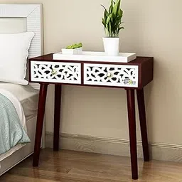 DDS Dream Decor Shoppee Bed Side Engineered Wood Table with 2-Drawer Jaali Design Nightstand, Accent Or End Table with Storage with Carving Design (Brown White)-picture-14
