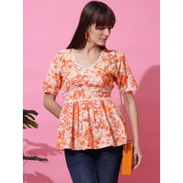 De La Moda Floral Printed V Neck Cotton Peplum Top-picture-33
