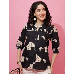 De La Moda Women Abstract Print Mandarin Collar Puff Sleeves Shirt Style Top-picture-29