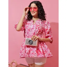 De La Moda Women Floral Print Mandarin Collar Peplum Top-picture-40