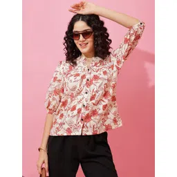 De La Moda Women Floral Printed Mandarin Collar Shirt Style Top-picture-38