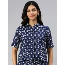 De Moza Blue Floral Print Cotton Shirt Style Top-picture-15