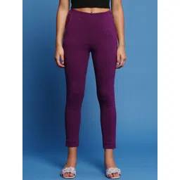 De Moza Women Mid Rise Knitted Plain Cotton Skinny Fit Cropped Cigarette Trousers-picture-35