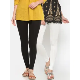 De Moza Women Pack Of 2 Black & Off White Solid Ankle-Length Leggings-picture-43