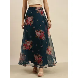 De Moza Women Teal-Coloured Printed Flared Maxi Skirt-picture-22
