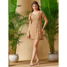 DEBONATELLA Floral Printed Round Neck Cut-Outs Crepe A-Line Dress-picture-10