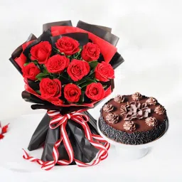 Decadent Chocolate Truffle Cake And Red Roses Bouquet Combo-picture-44