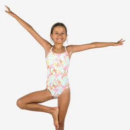 decathlon Girls' 1-Piece Swimsuit 100 Lila Pantai Secure Fit & Quick-Dry White-picture-13