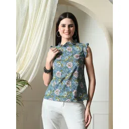 DECKEDUP Blue Cotton Floral Print Top-picture-23
