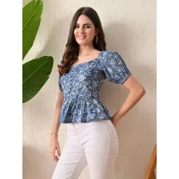 DECKEDUP Blue Cotton Floral Short Sleeves Top-picture-33