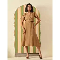 DECKEDUP Brown Cotton Solid Short Sleeves Dress-picture-28