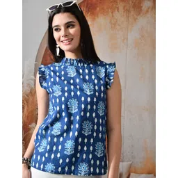 DECKEDUP Ethnic Motifs Printed Ruffled Detail High Neck Flutter Sleeve Cotton Top-image-3