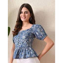 DECKEDUP Floral Print Off-Shoulder Puff Sleeve Indigo Cotton Blouson Crop Top-picture-11