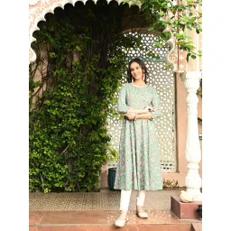 DECKEDUP Green & Pink Cotton Floral Print Kurta-picture-18