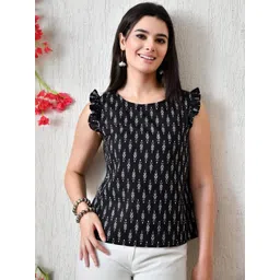DECKEDUP Ikat Print Flutter Sleeves Monochrome Cotton Top-picture-27