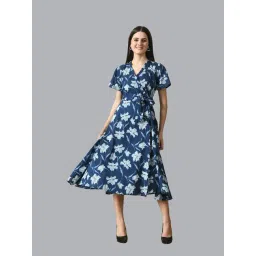 DECKEDUP Indigo Cotton Floral Print Wrap Dress-picture-36